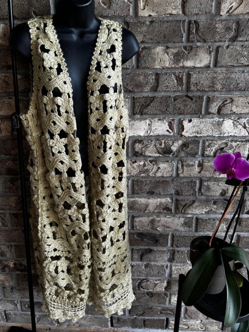 RXB Long Crochet Sweater Vest Boho Duster Open Knit Beige Sleeveless Size L